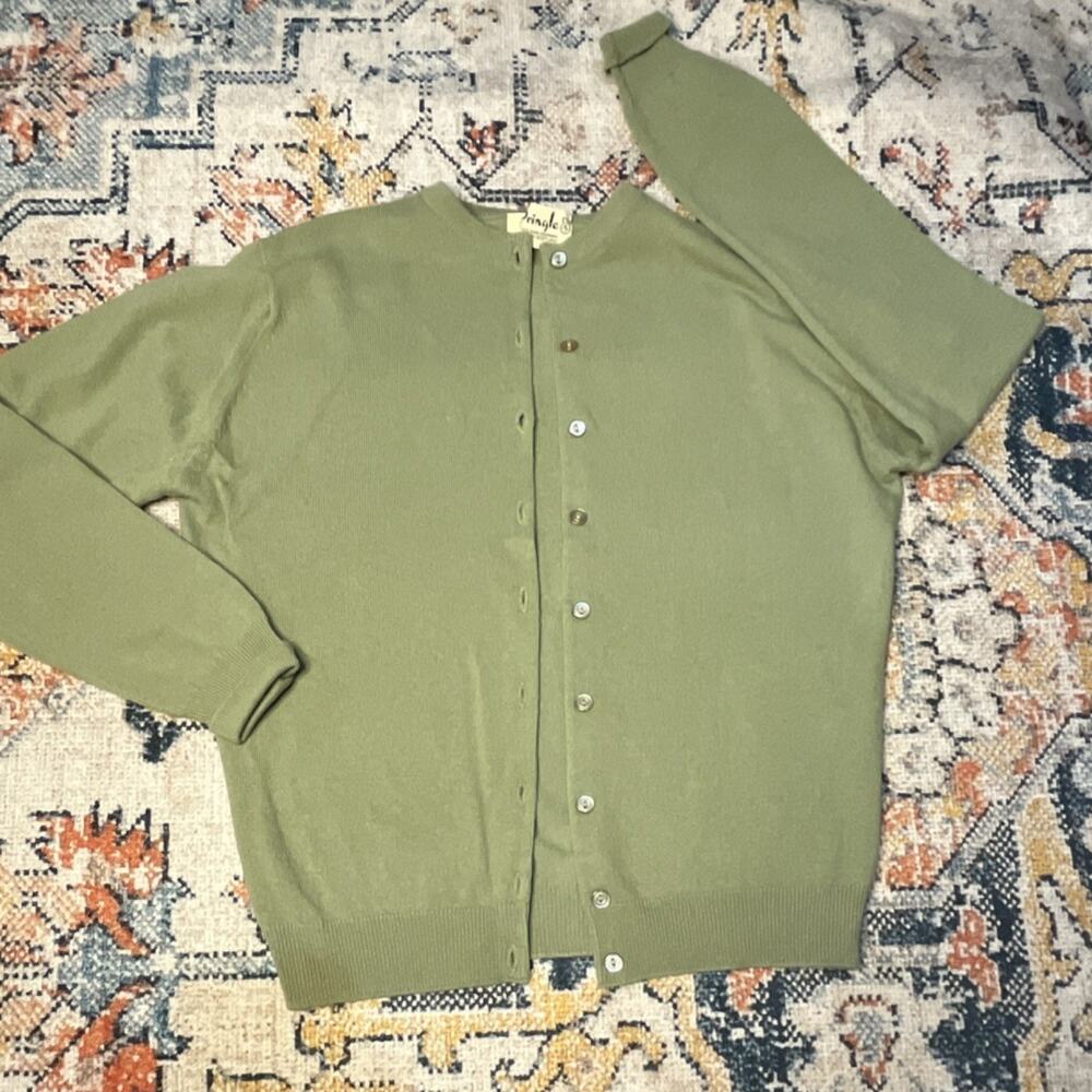 Vintage Pringle of Scotland 100% Cashmere Cardigan Royal Warrant Green 36/Small